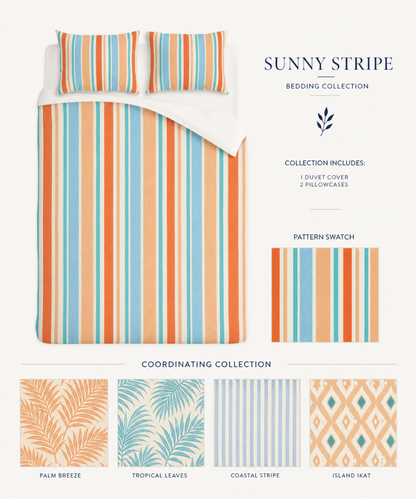 Retro Orange Blue Stripe Cotton Bed Set | Duvet Cover & Pillowcases