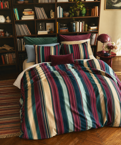 Retro Orange Blue Stripe Cotton Bed Set | Duvet Cover & Pillowcases