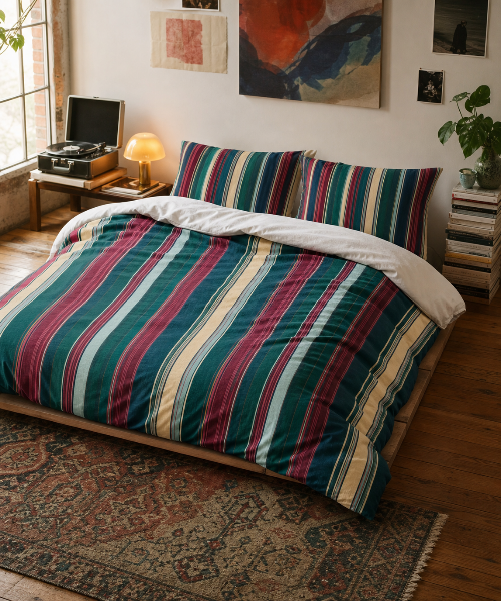 Retro Orange Blue Stripe Cotton Bed Set | Duvet Cover & Pillowcases