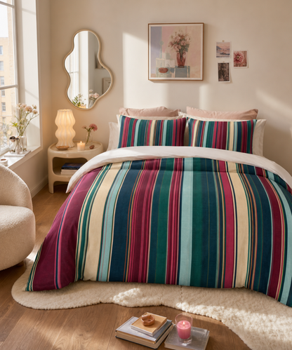 Retro Orange Blue Stripe Cotton Bed Set | Duvet Cover & Pillowcases