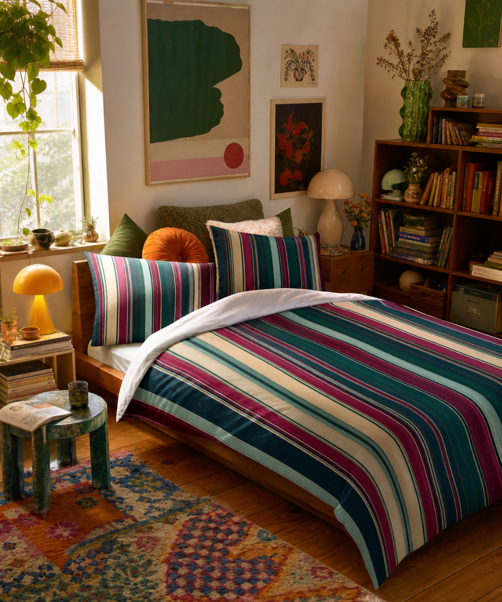 Retro Orange Blue Stripe Cotton Bed Set | Duvet Cover & Pillowcases