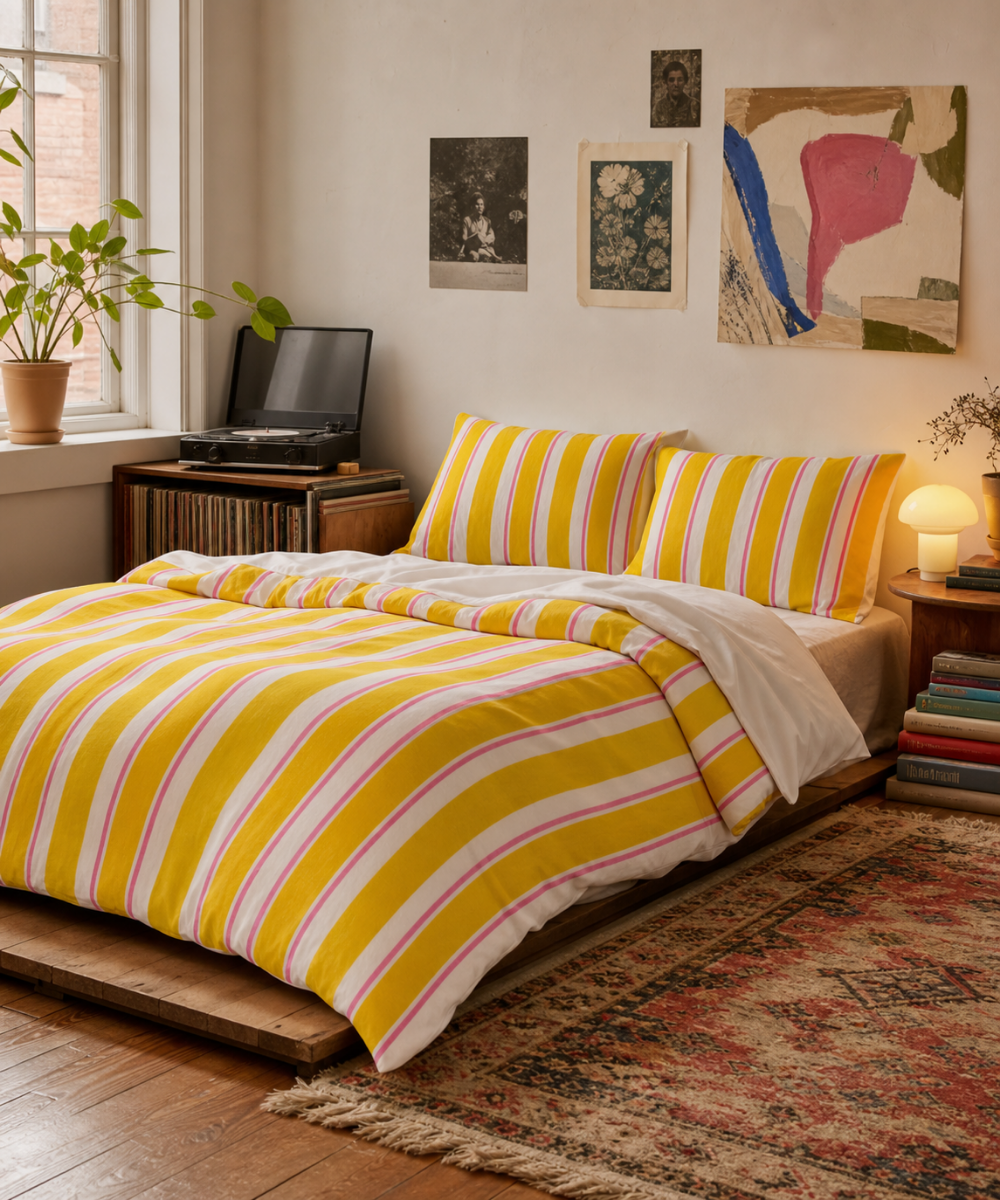 Yellow Pink Stripe Cotton Bed Set | Striped Duvet Cover