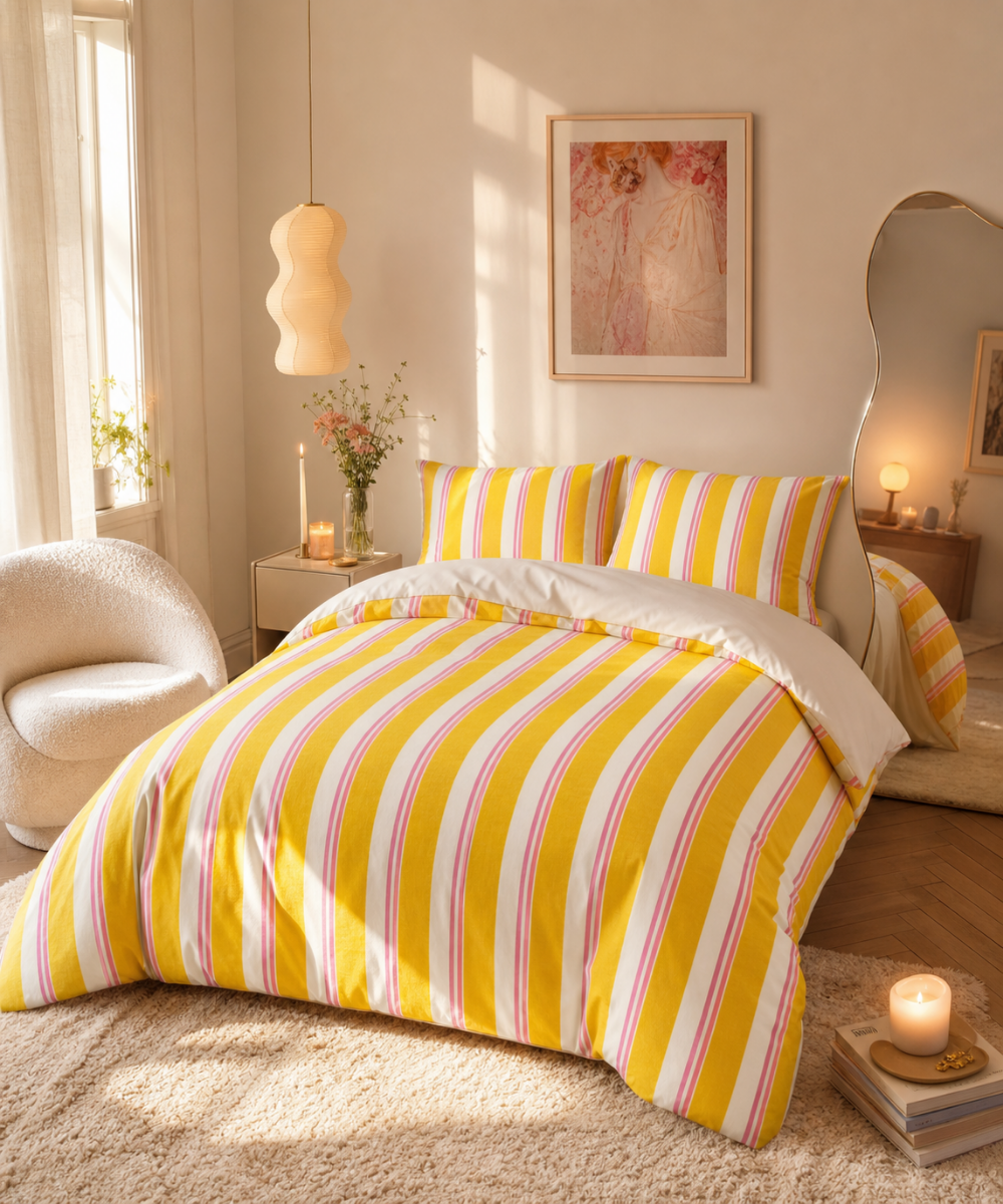 Yellow Pink Stripe Cotton Bed Set | Striped Duvet Cover