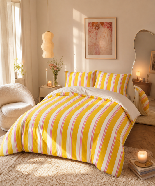 Yellow and pink striped cotton bed set with breathable OEKO-TEX fabric and concealed zipper closure