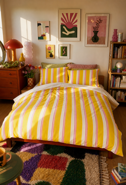 Yellow Pink Stripe Cotton Bed Set | Striped Duvet Cover