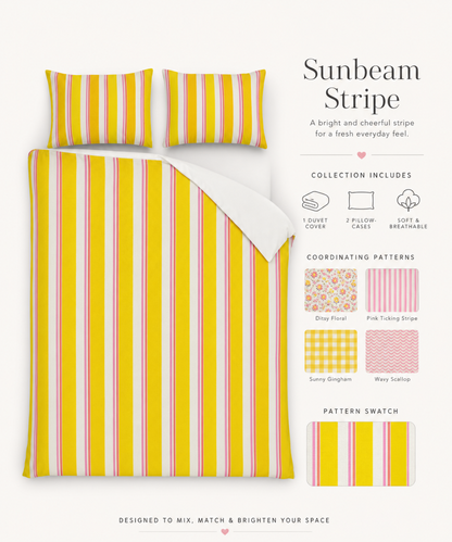 Yellow Pink Stripe Cotton Bed Set | Striped Duvet Cover