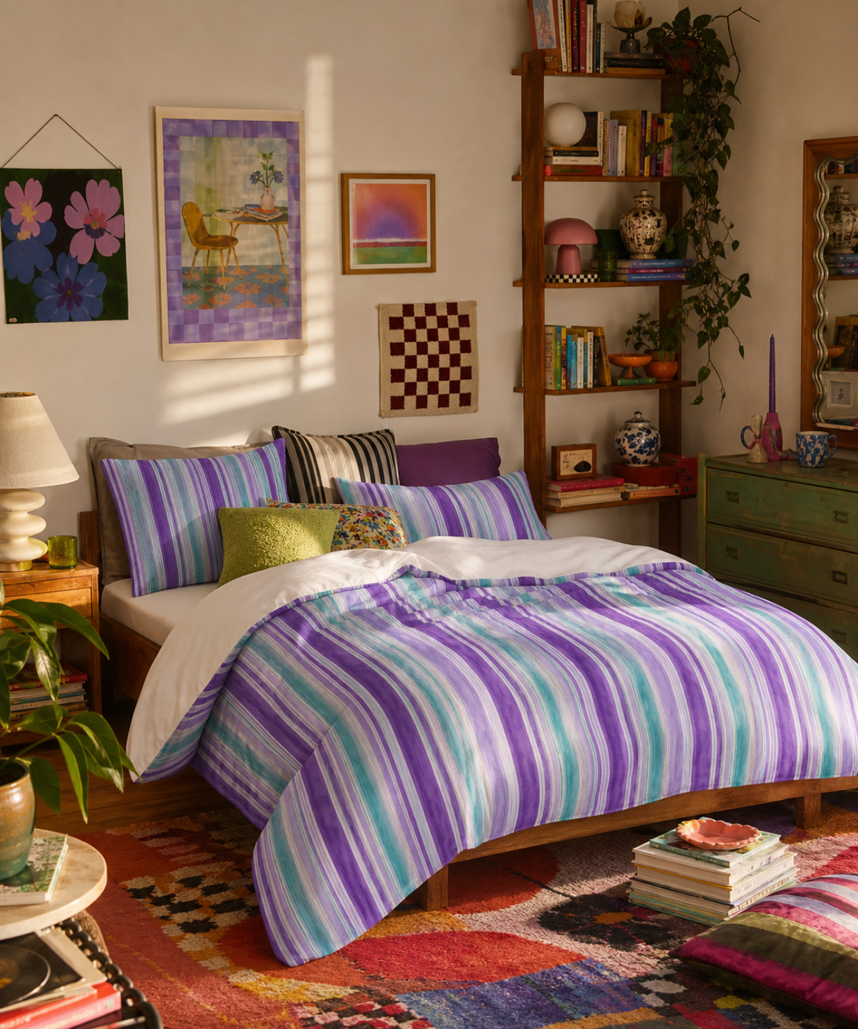 Purple Teal Watercolor Stripes Duvet Cover