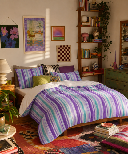 Purple Teal Watercolor Stripes Duvet Cover