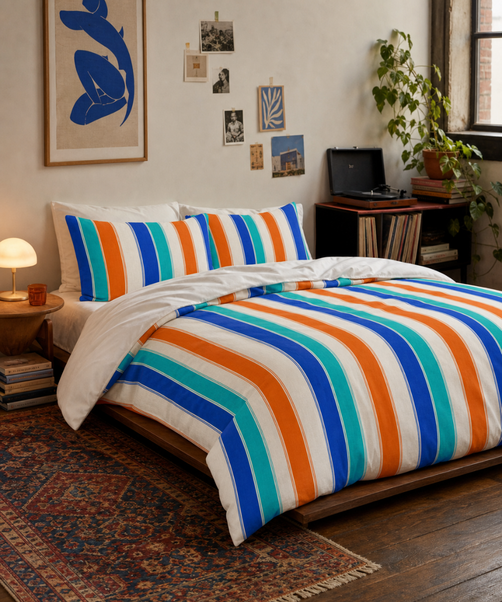 Colorful Vertical Stripes Cotton Bed Set | Blue Orange Teal Stripe Duvet Cover