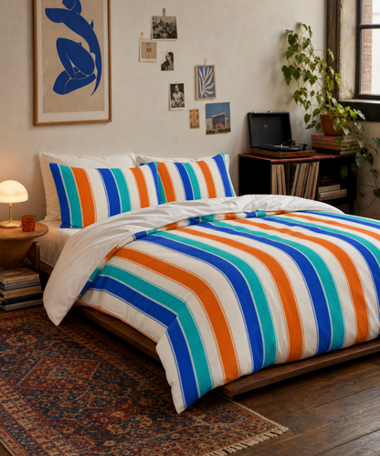 Colorful Vertical Stripes Cotton Bed Set | Blue Orange Teal Stripe Duvet Cover