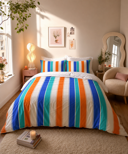 Colorful Vertical Stripes Cotton Bed Set | Blue Orange Teal Stripe Duvet Cover