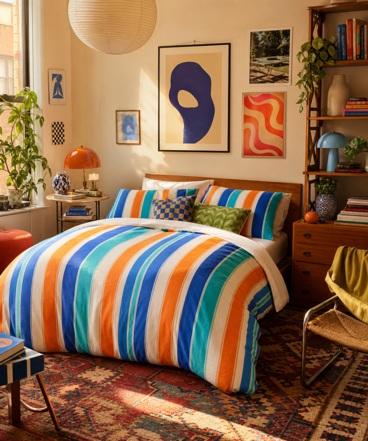 Bright colorful striped cotton duvet cover with vibrant rainbow stripes on bedding set