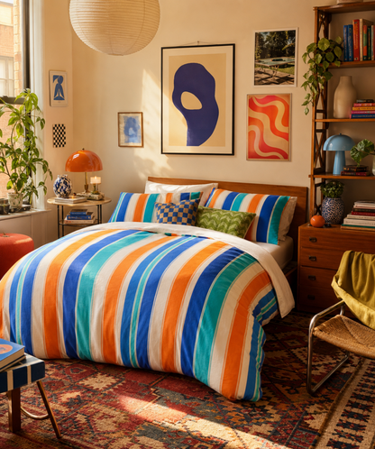 Bright colorful striped cotton duvet cover with vibrant rainbow stripes on bedding set