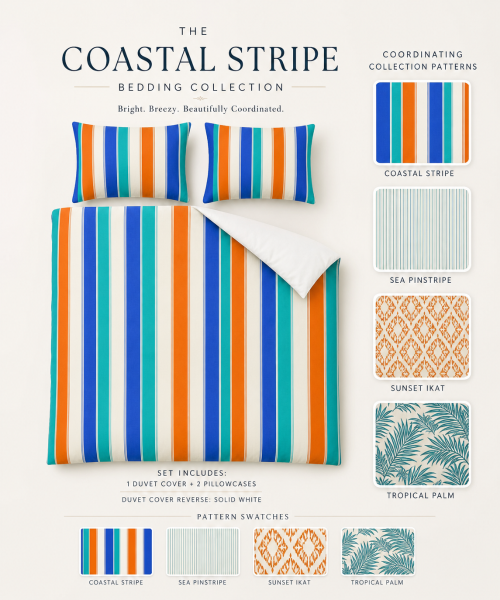 Colorful Vertical Stripes Cotton Bed Set | Blue Orange Teal Stripe Duvet Cover
