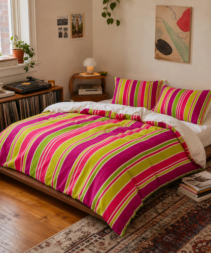 Bright Pink and Lime Striped Duvet Cover