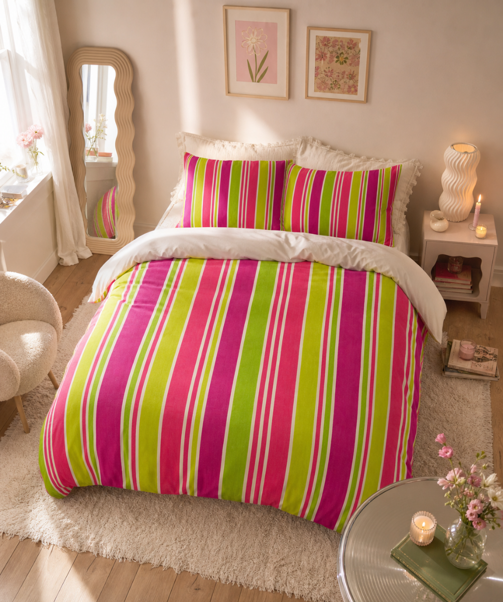 Bright Pink and Lime Striped Duvet Cover