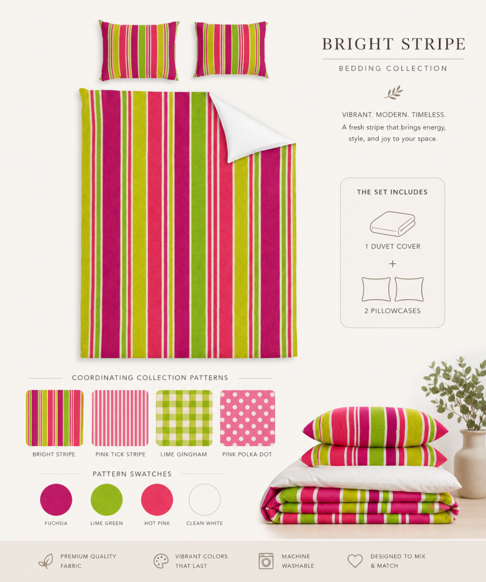 Bright Pink and Lime Striped Duvet Cover
