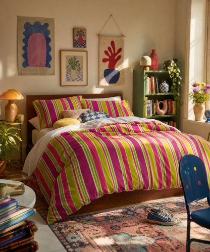 Bright Pink and Lime Striped Duvet Cover