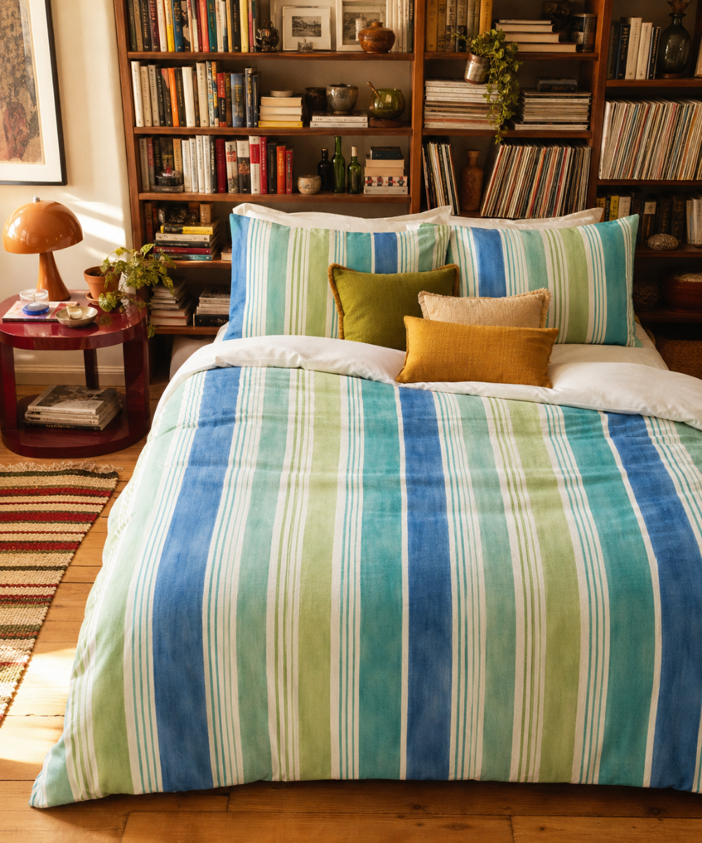 Retro Orange Blue Stripe Cotton Bed Set | Duvet Cover & Pillowcases