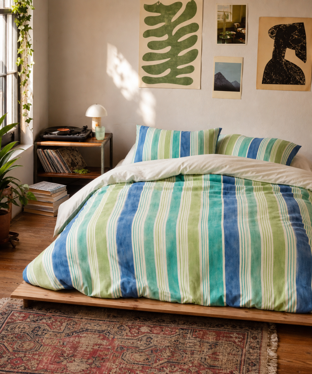 Retro Orange Blue Stripe Cotton Bed Set | Duvet Cover & Pillowcases