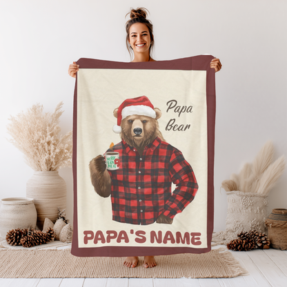 Personalized Papa Bear Christmas Blanket with buffalo plaid, Santa hat bear holding mug, custom family name, red border holiday throw