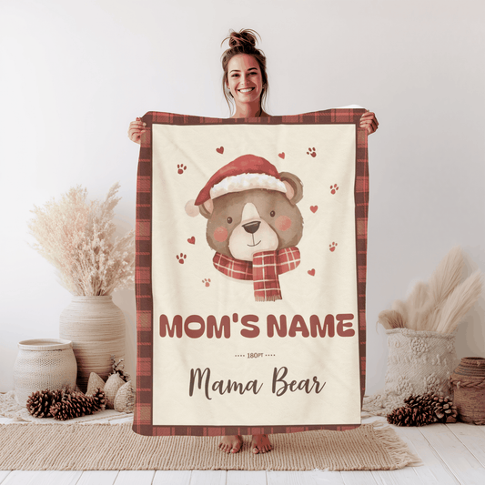 Personalized Mama Bear Christmas Blanket with red buffalo plaid border and custom family name design