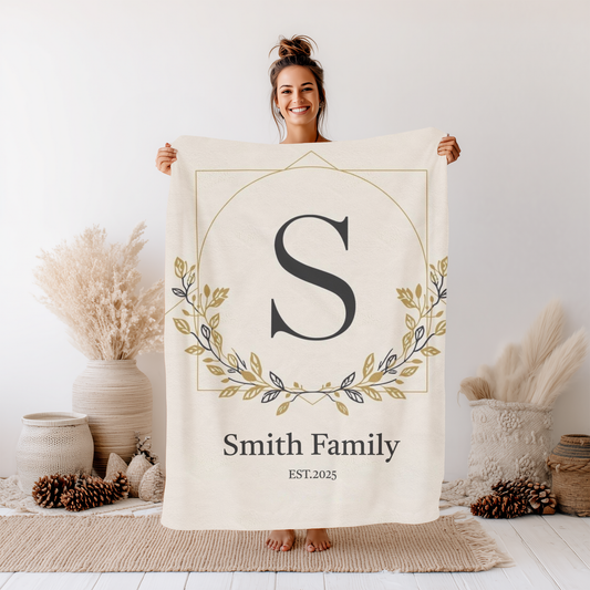 Personalized family monogram fleece blanket with custom name and date, cozy anniversary gift for couples