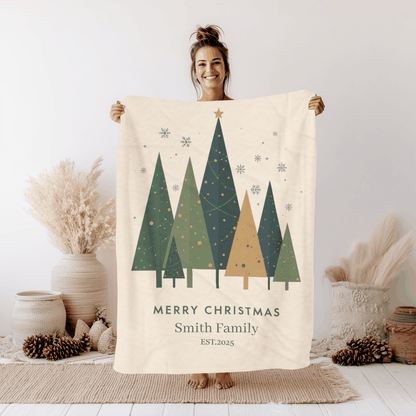 Personalized Christmas family tree fleece blanket with custom family name and festive tree design, perfect holiday gift.