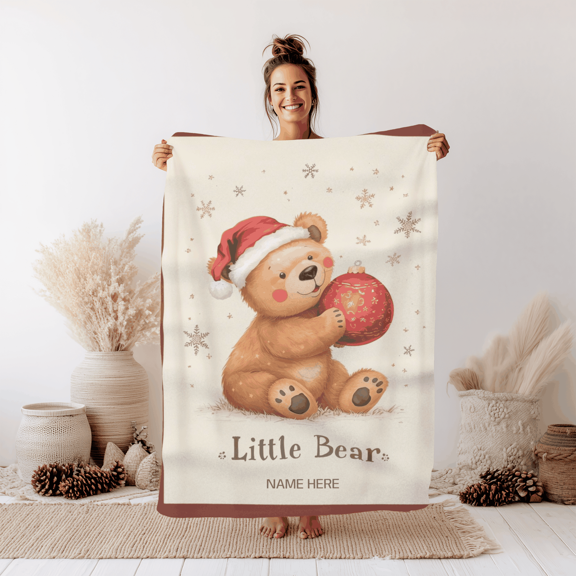 Personalized Mama Bear Christmas blanket with buffalo plaid border and festive bear design