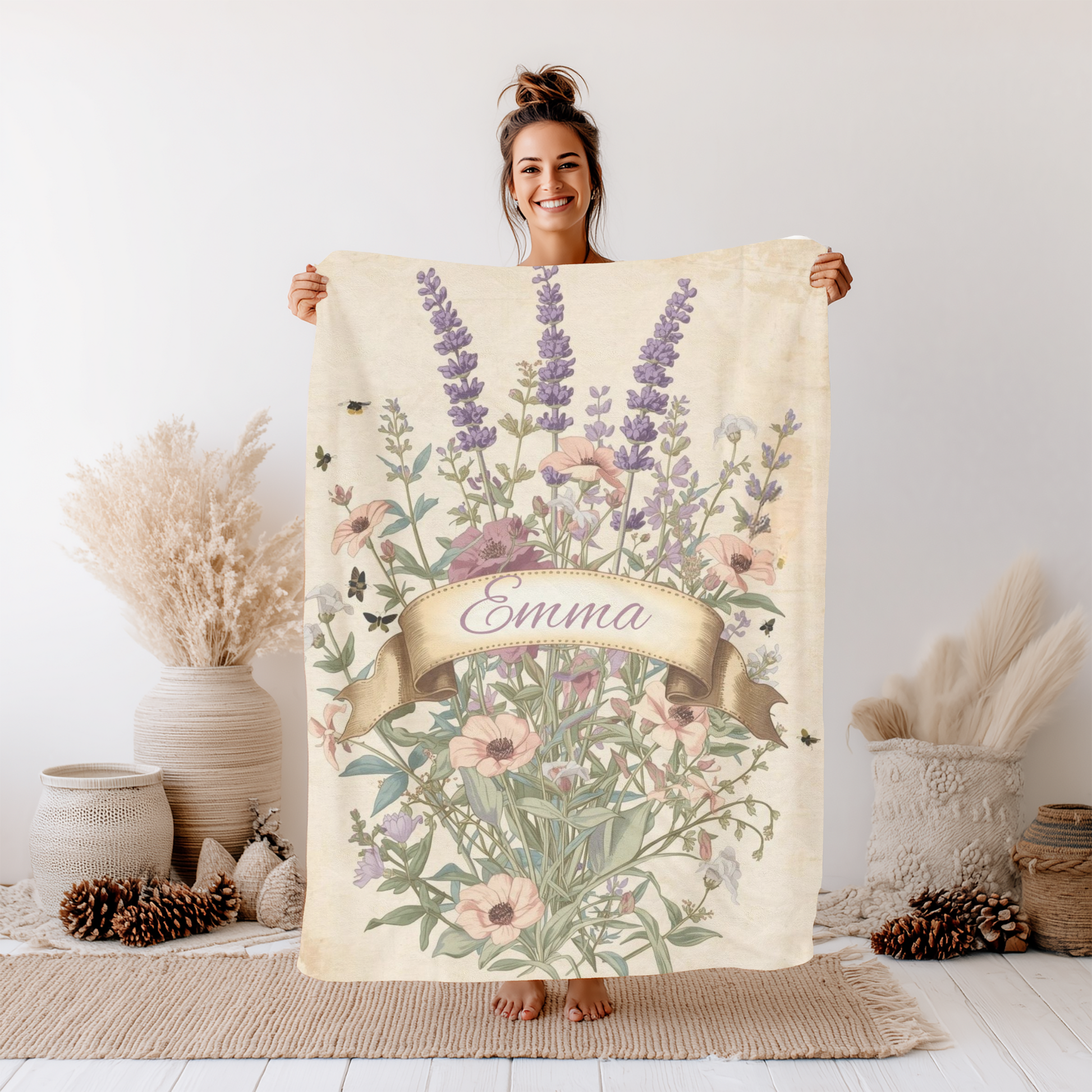 Velveteen plush blanket with floral design and personalized name, cozy and soft throw for snuggling and gift giving