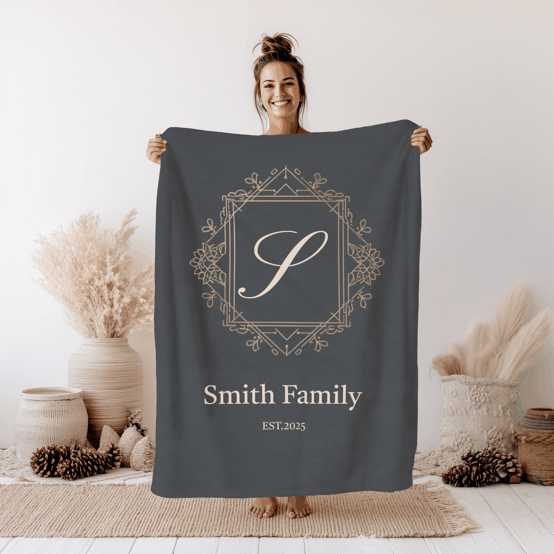 Personalized couples fleece throw blanket with custom family name and established year in decorative frame design