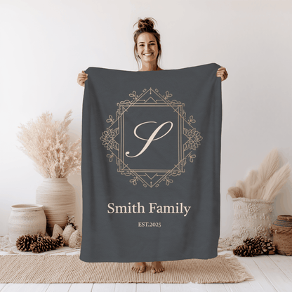 Personalized couples fleece throw blanket with custom family name and established year in decorative frame design