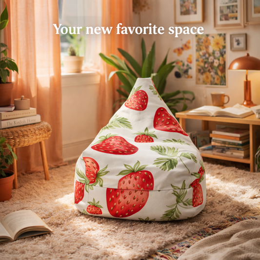 Kawaii strawberry bean bag chair cover in pastel pink for cozy bedroom decor