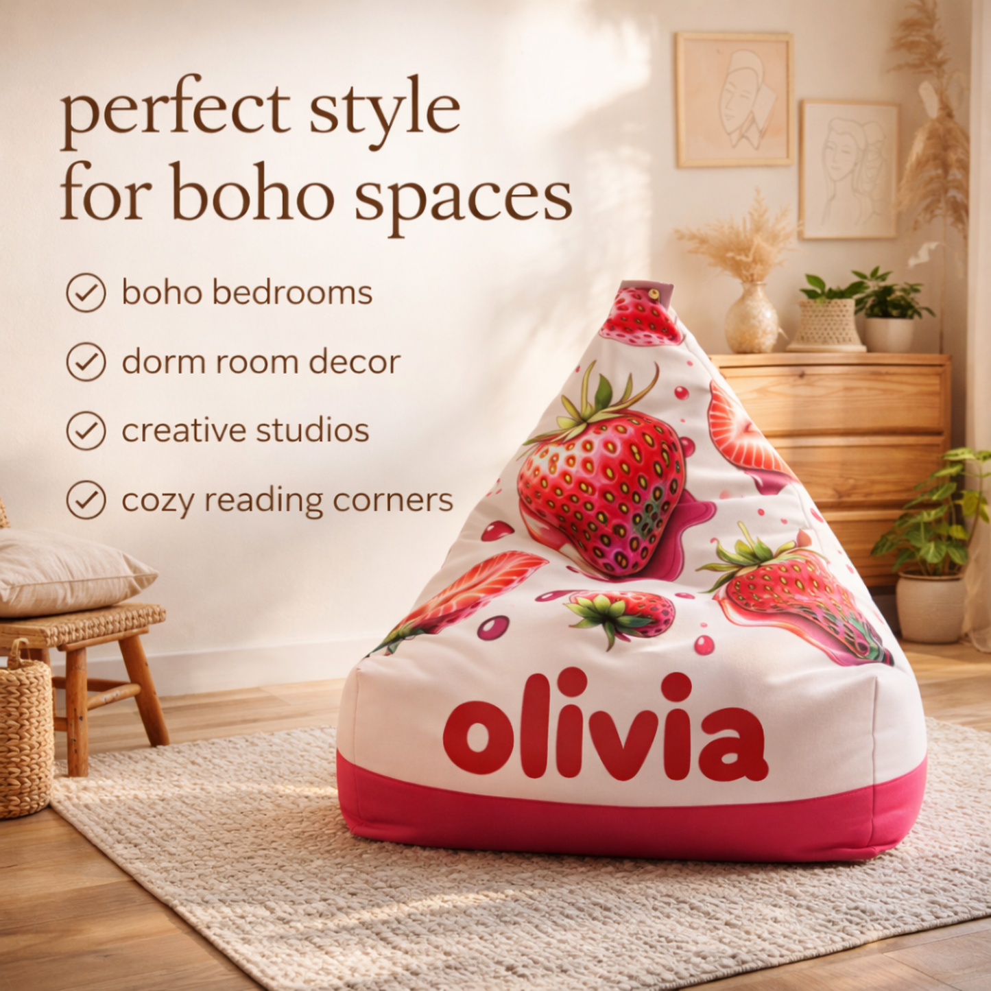 Personalized Strawberry Cute Home Bean Bag Chair Cover - Name Gift Ideas, Customizable Furniture Decor, Room Decor, Unique Birthday Present,