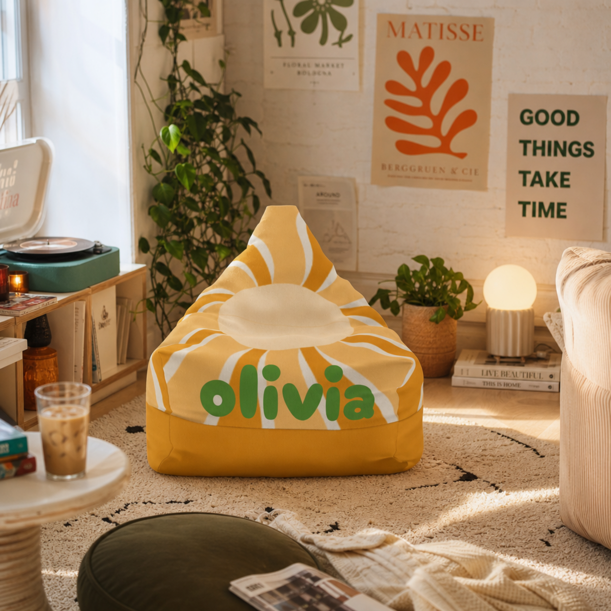 Customizable Bean Bag Chair Cover with personalized name in sunrise retro design for cozy home decor and dorm room furniture