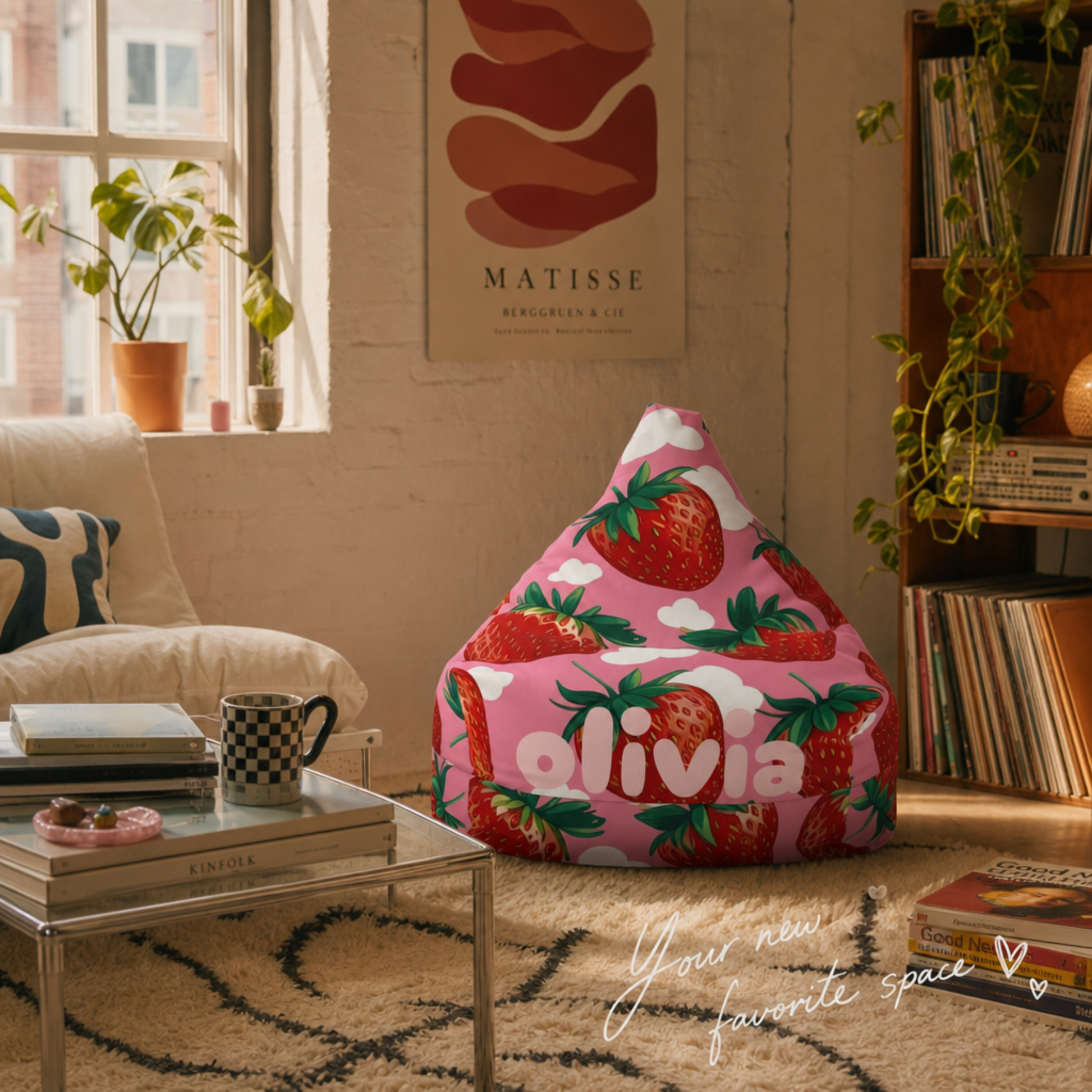 Personalized strawberry bean bag chair cover with custom name for kids room decor and nursery gift
