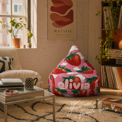 Personalized strawberry bean bag chair cover with custom name for kids room decor and nursery gift