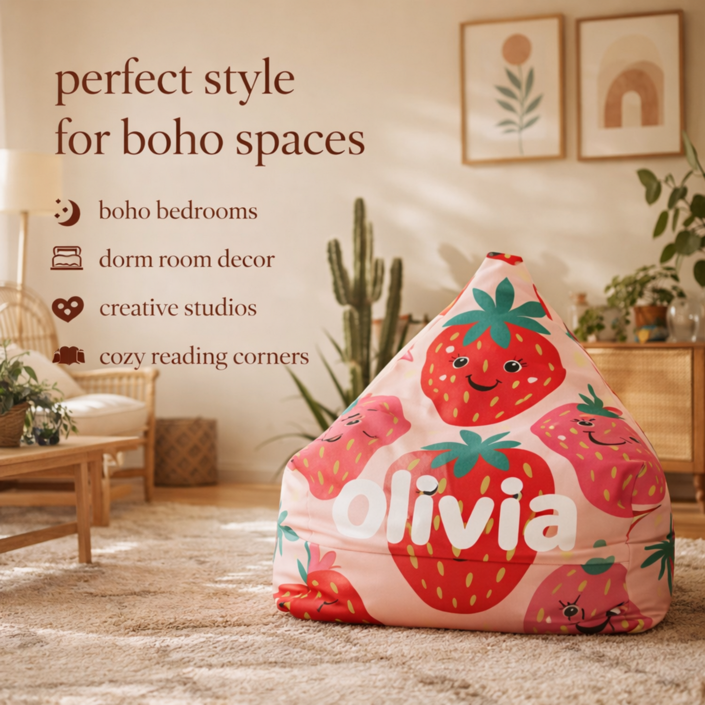 Personalized Strawberry Bean Bag Chair Cover - Custom Name Gift, Kids Room Decor, Home Furniture, Nursery Decor, Birthday Gift
