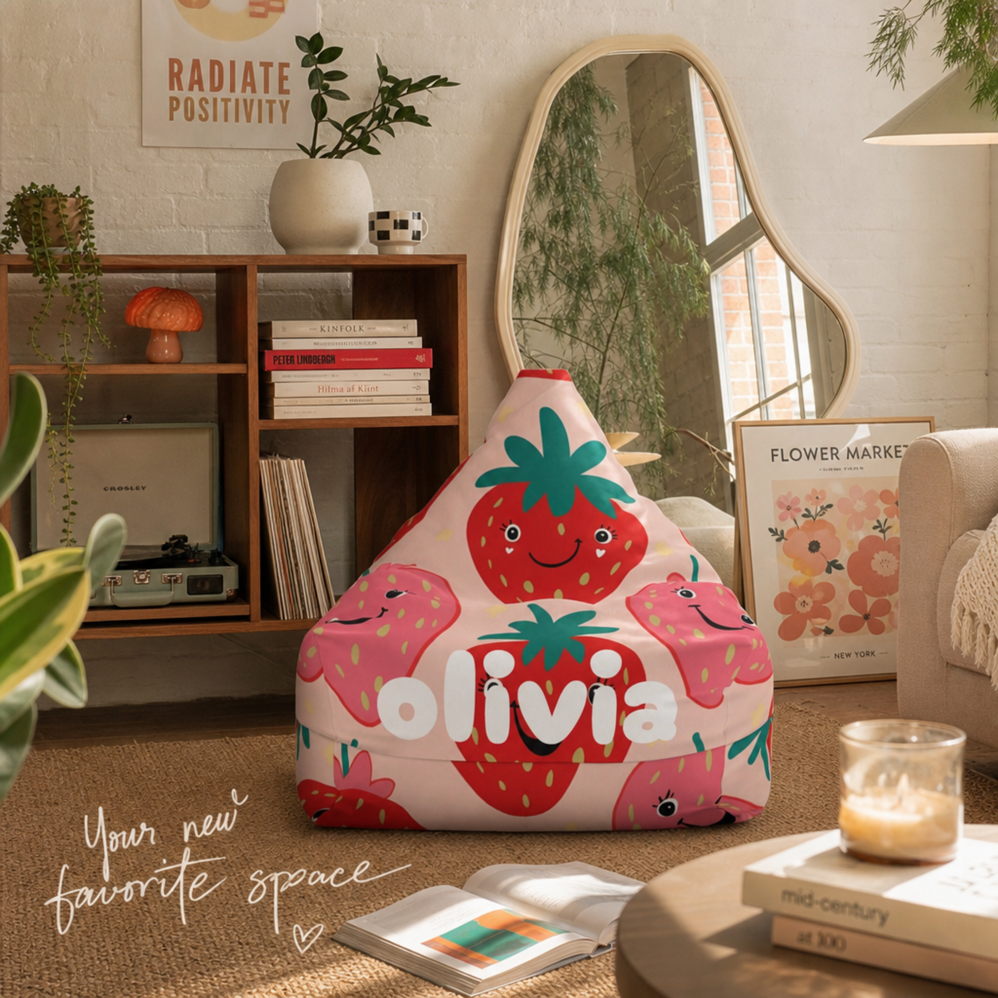 Personalized strawberry bean bag chair cover with custom name in neutral kids room decor