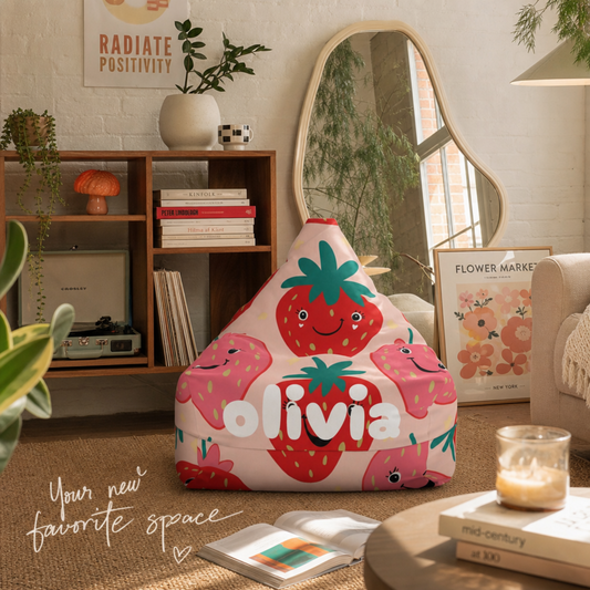 Personalized strawberry bean bag chair cover with custom name in neutral kids room decor
