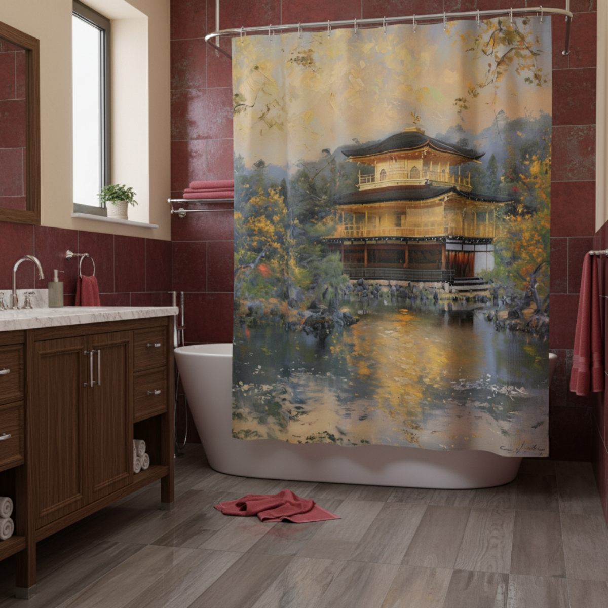 Kyoto Golden Temple Shower Curtain in a kawaii aesthetic bedroom — soft natural lighting, warm layered styling by HomeStylesP