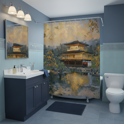 Kyoto Golden Temple Shower Curtain in a kawaii aesthetic bedroom — soft natural lighting, warm layered styling by HomeStylesP