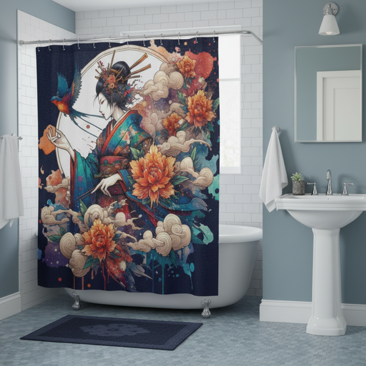 Japanese Kimono Geisya Retro Shower in a kawaii aesthetic bedroom — soft natural lighting, warm layered styling by HomeStyles