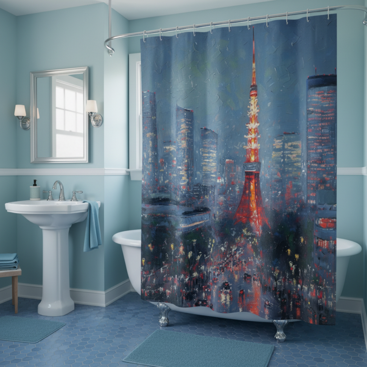 Tokyo Tower Shower Curtain in a kawaii aesthetic bedroom — soft natural lighting, warm layered styling by HomeStylesPlus