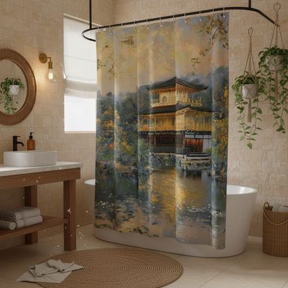 Kyoto Golden Temple Shower Curtain in a kawaii aesthetic bedroom — soft natural lighting, warm layered styling by HomeStylesP