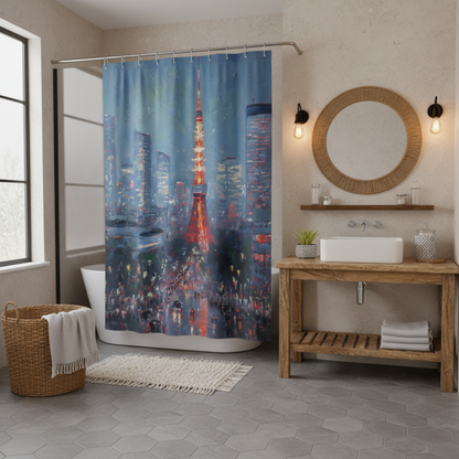 Tokyo Tower Shower Curtain in a kawaii aesthetic bedroom — soft natural lighting, warm layered styling by HomeStylesPlus