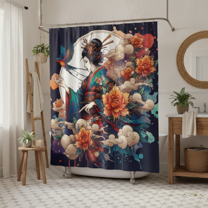 Japanese Kimono Geisya Retro Shower in a kawaii aesthetic bedroom — soft natural lighting, warm layered styling by HomeStyles