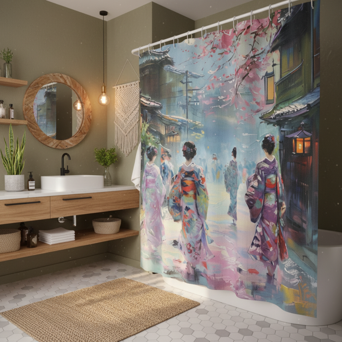 Japanese Kimono Geisha Shower Curta in a kawaii aesthetic bedroom — soft natural lighting, warm layered styling by HomeStyles