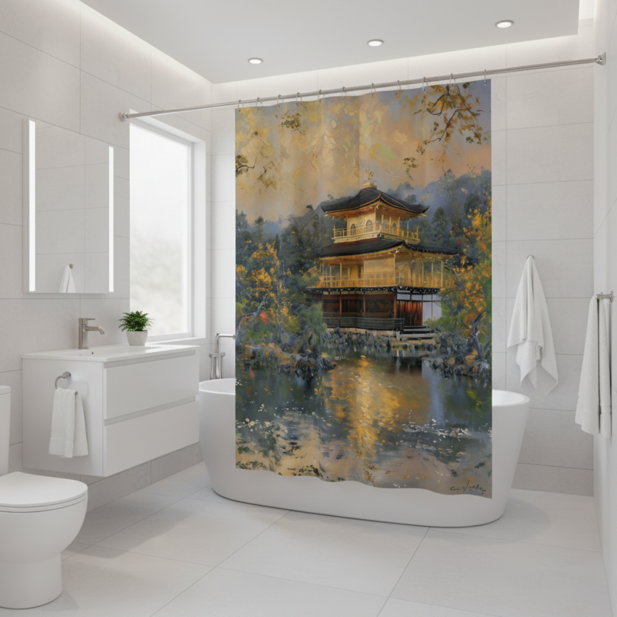 Kyoto Golden Temple Shower Curtain in a kawaii aesthetic bedroom — soft natural lighting, warm layered styling by HomeStylesP
