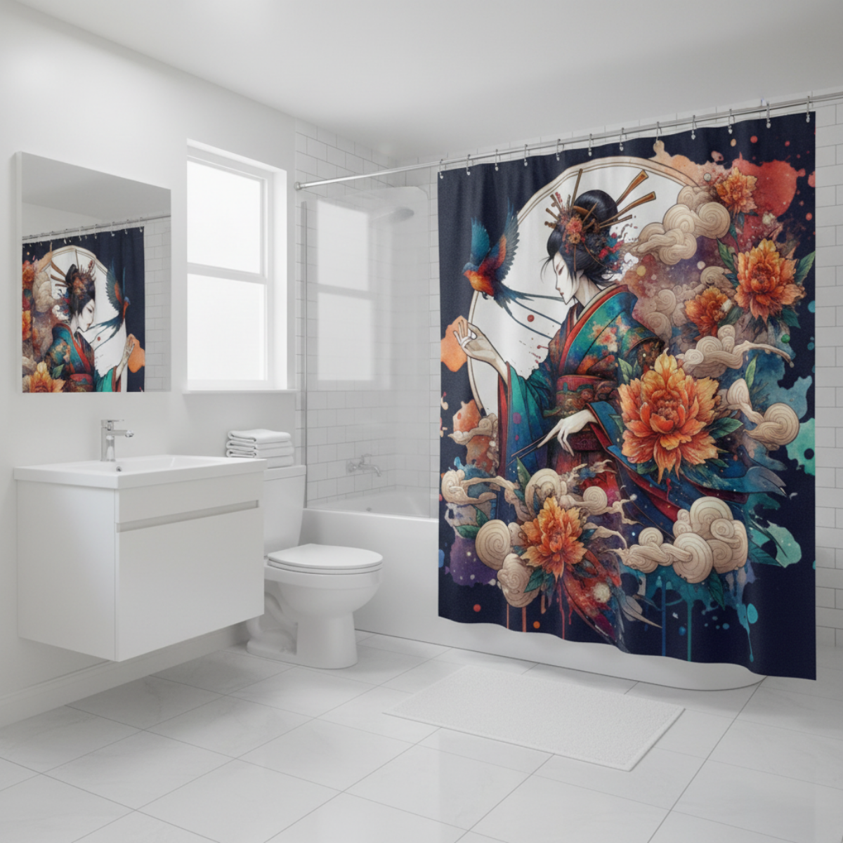 Japanese Kimono Geisya Retro Shower in a kawaii aesthetic bedroom — soft natural lighting, warm layered styling by HomeStyles